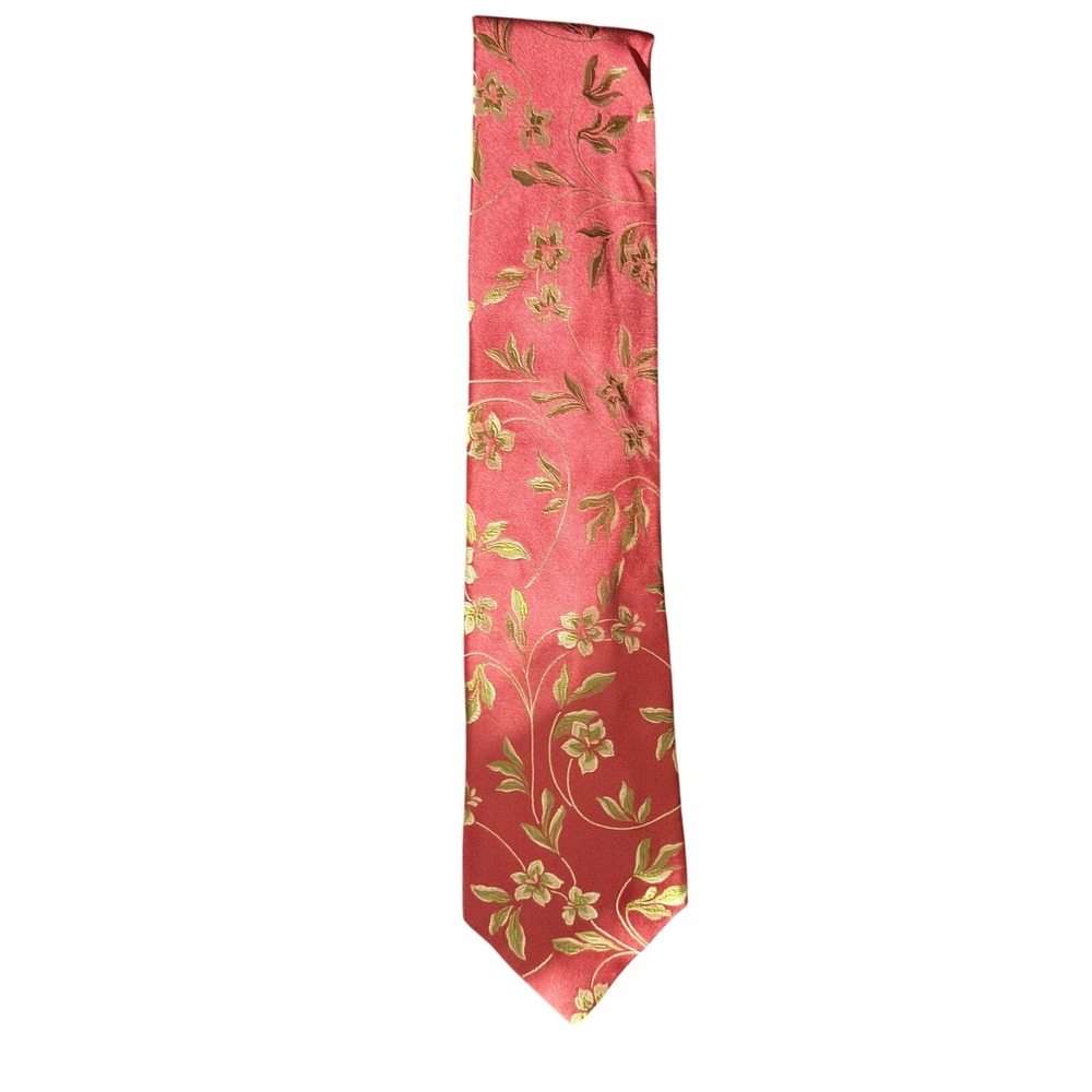 Neiman Marcus Mens Silk Necktie Red Green Floral Vine Pattern Formal Wedding Tie